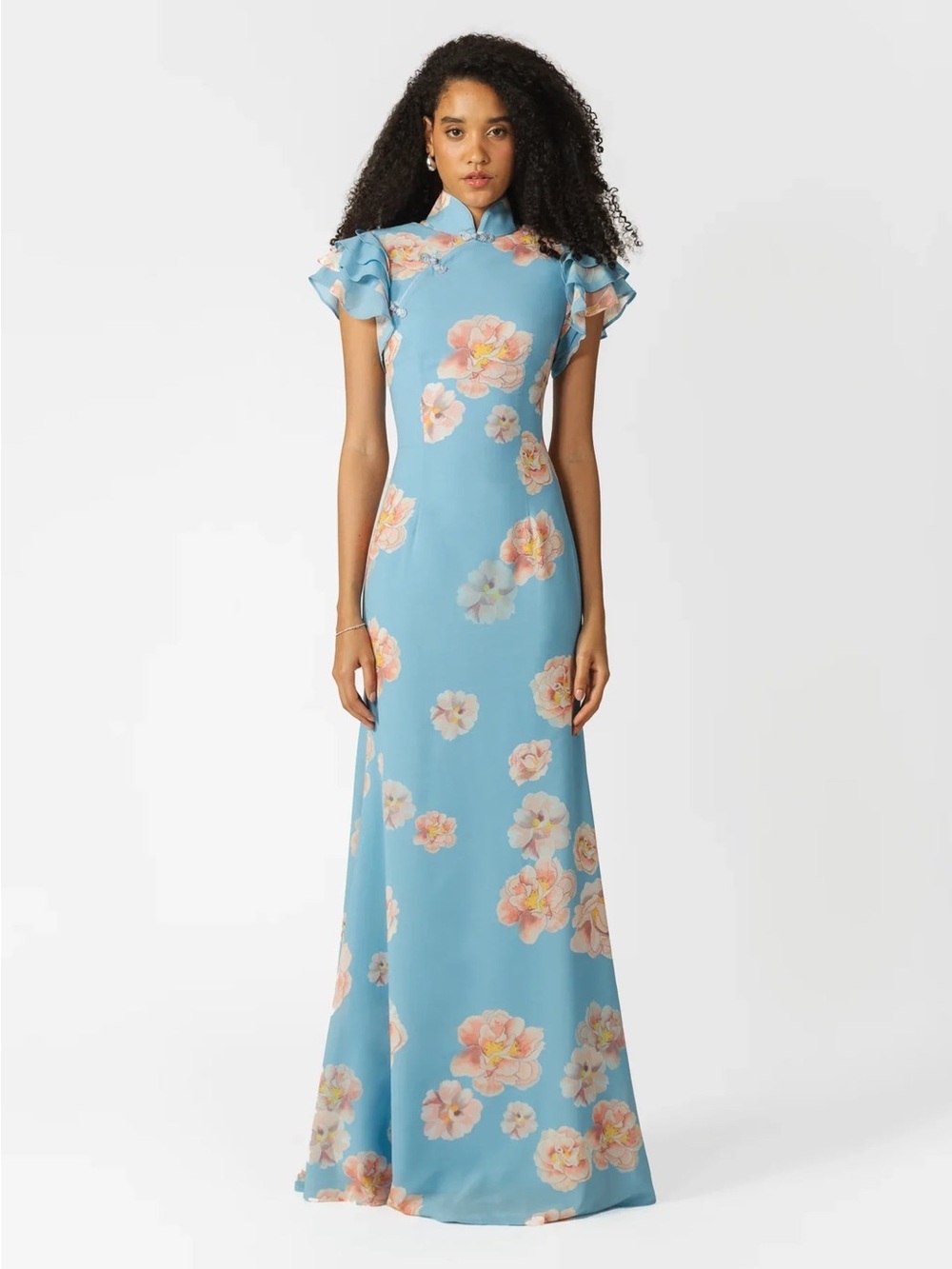 Sau Lee Sylvie Floral Dress Powder Blue Floral Maxi Dress with Mandarin Neck